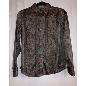 Lauren Ralph Lauren Women’s Petite M Paisley Silky Button Up Long Sleeve Top